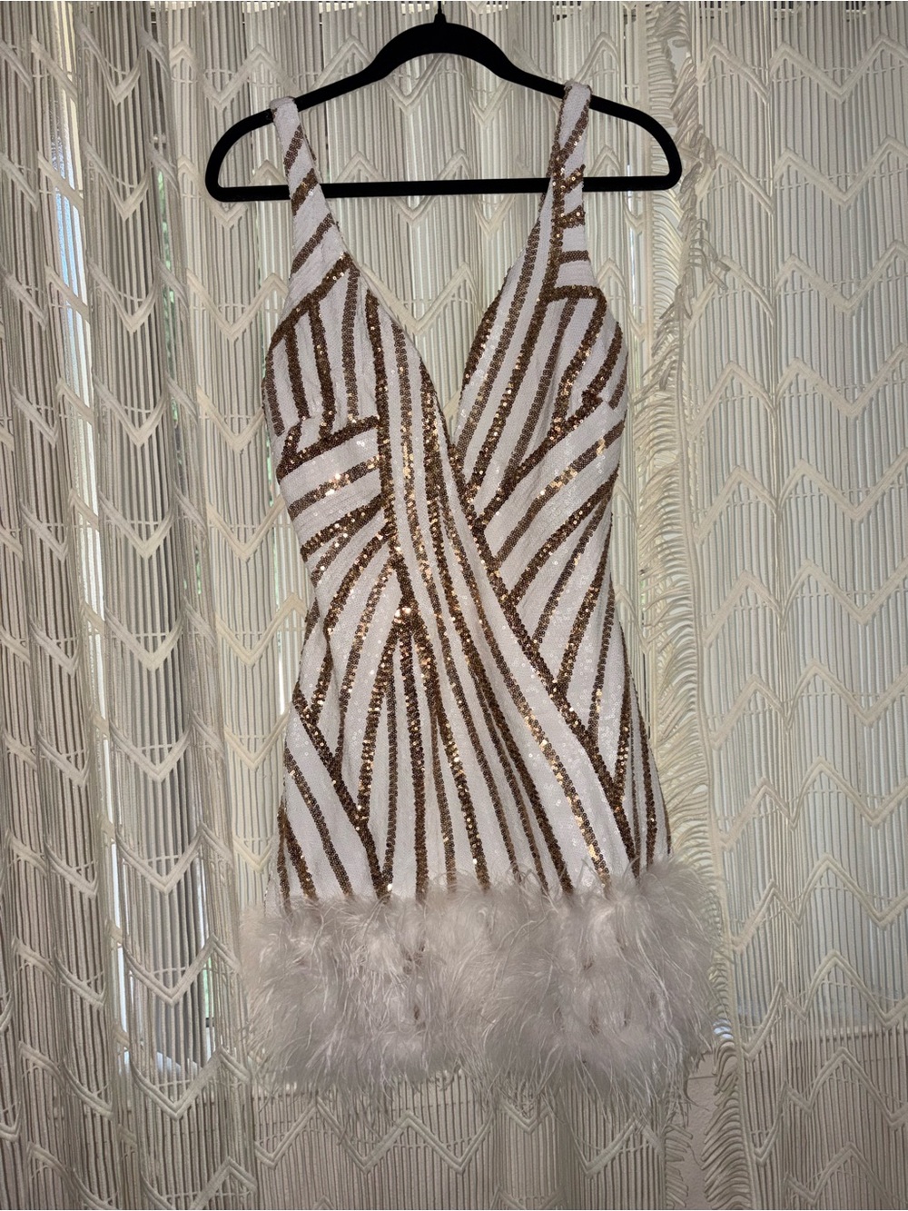 Windsor White and Gold Sequin Feather Mini Dress